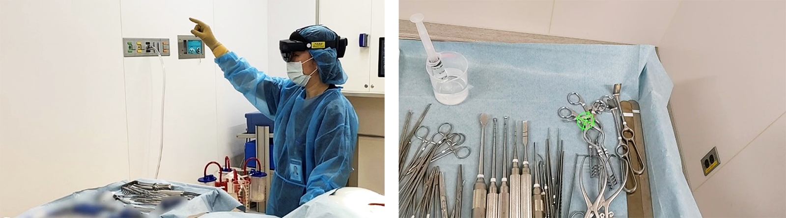 左図：視覚を追跡するアイトラッキングの機能を設定をしている様子 右図：熟練看護師の目線が、緑のマークとして投影されている様子