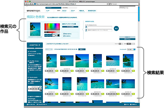 ストックフォトの検索・販売サイト「amanaimages.com」で構図と色をもとに類似作品を検索した例