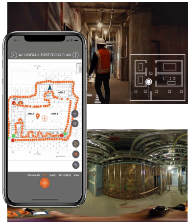 現場を歩いて360度カメラで撮影した動画から、画像を図面の対応位置に割り付け