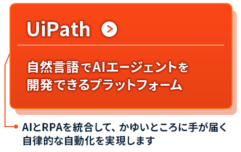 UiPath 自然言語でAIエージェントを開発できるプラットフォーム AIとRPAを統合して、かゆいところに手が届く自律的な自動化を実現します