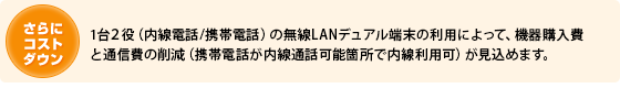 さらにコストダウン  1台２役（内線電話/携帯電話）の無線LANデュアル端末の利用によって、機器購入費と通信費の削減（携帯電話が内線通話可能箇所で内線利用可）が見込めます。