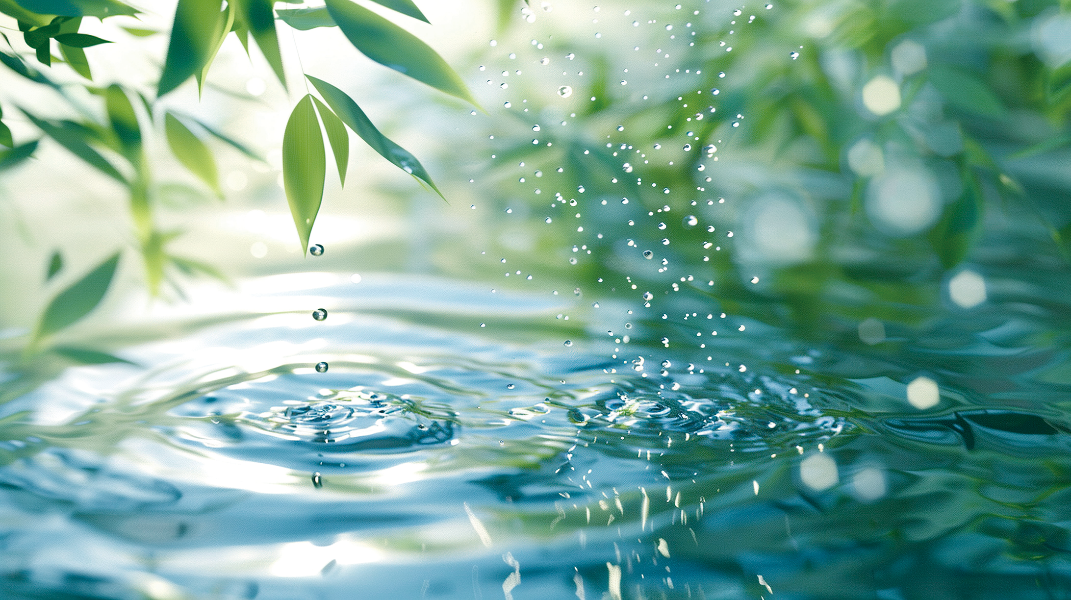 緑の葉と水面に広がる水滴
