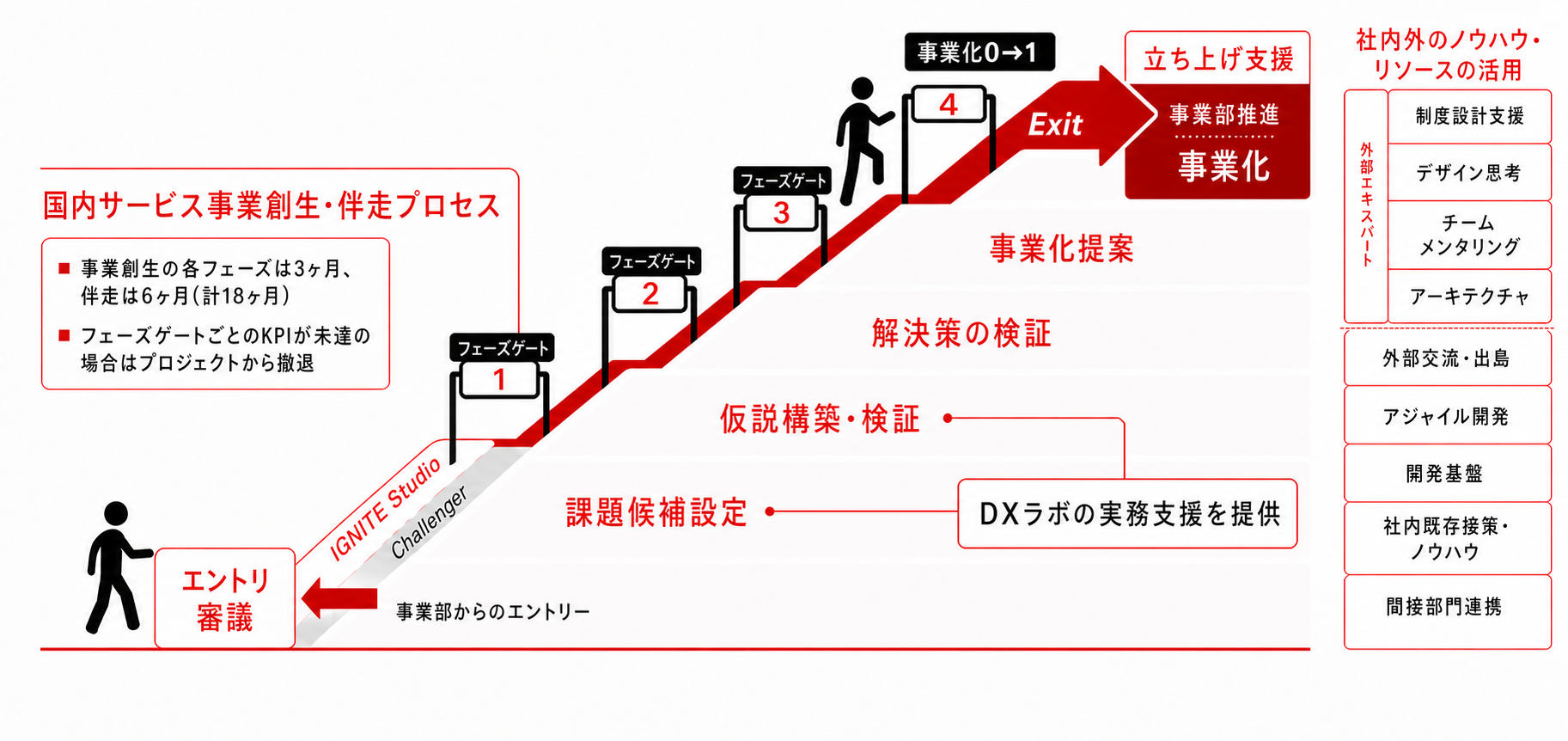 IGNITE Studioの国内サービス事業創生・伴走プロセス。エントリー審議から課題候補設定、仮説構築・検証、解決策の検証、事業化提案、事業化までのフェーズと伴走支援を示した図