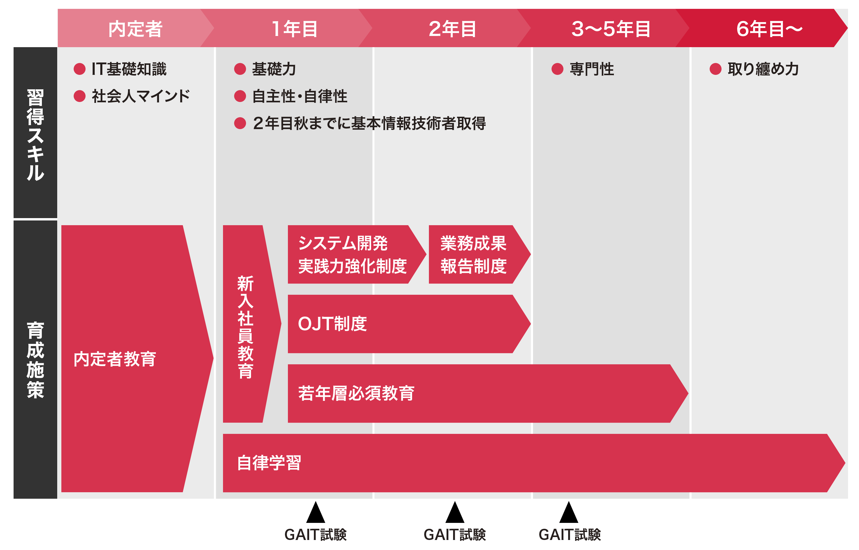 内定者から6年目以降までの習得スキルと育成施策を示した若年層の育成体系