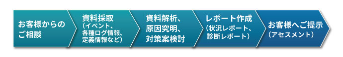 お客様からのご相談、資料採取（イベント、各種ログ情報、定義情報など）、資料解析、原因究明、対策案検討、レポート作成（状況レポート、診断レポート）、お客様へのご提示（アセスメント）、設定見直し（オンサイトコンサルティング）