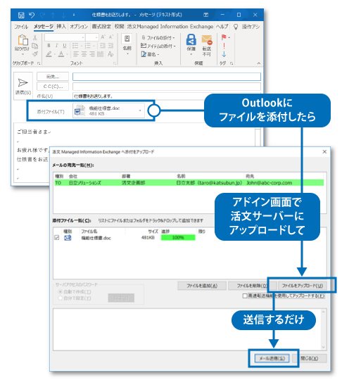 Outlookの設定画面 Outlookにファイルを添付したら、アドイン画面で活文サーバーにアップロードして送信するだけ
