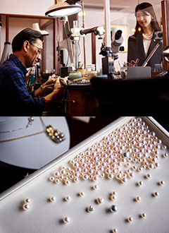 川崎市「ヴォラーミ ジュエルスタジオ」の藤巻今朝男氏。坪内氏が産地から仕入れた真珠は、ここで加工されて販売されている