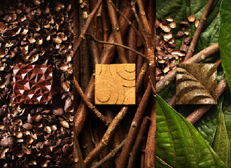 エコレート・カレ。写真左から順に、カカオ豆の殻の含有量50 %／ 枝の含有量20%／カカオ豆の殻・枝・葉の含有量30%
