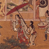 洛中洛外図屏風（舟木本）より歩き巫女部分（東京国立博物館蔵）