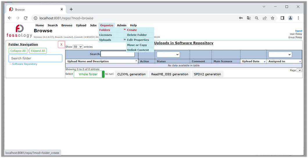 FOSSologyフォルダ作成