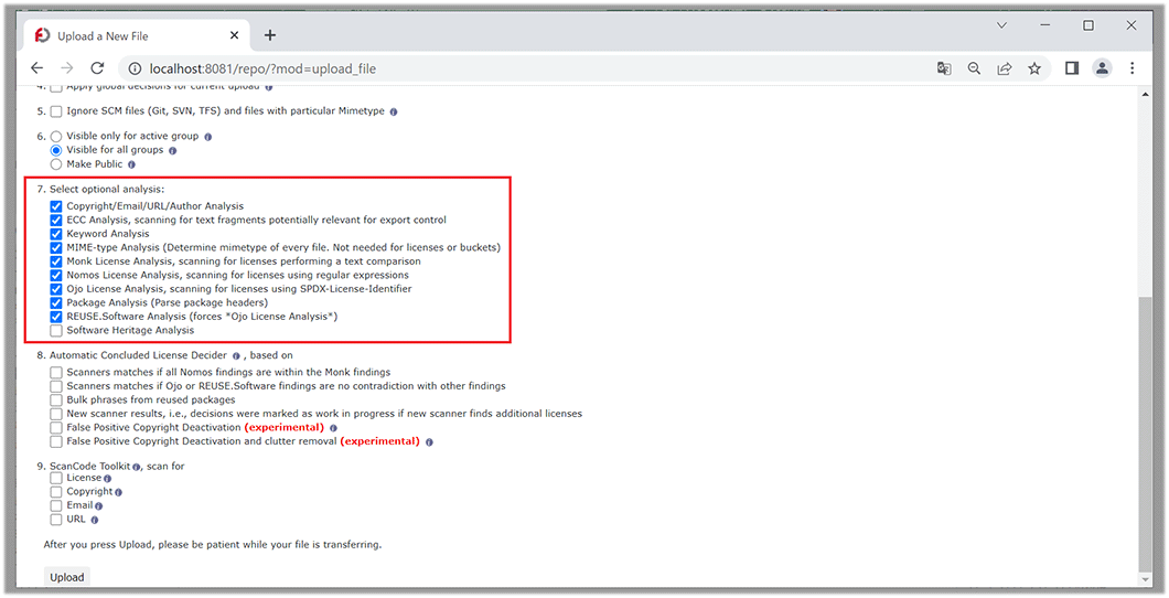 FOSSologyアップロード画面スキャンオプション選択