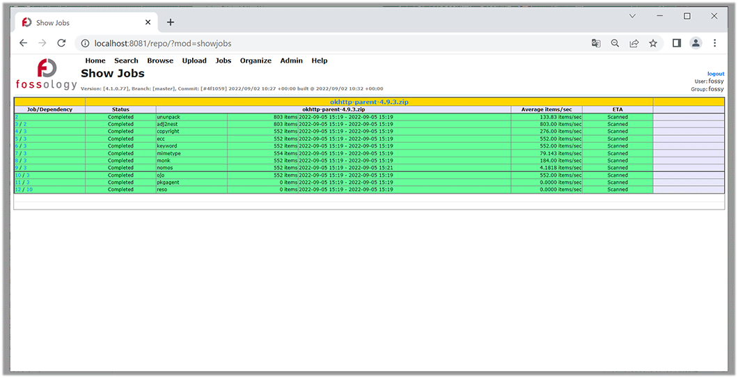 FOSSologyジョブ画面