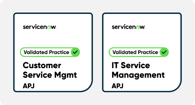 ServiceNowパートナーとしての認定実績を示すバッジ画像：Validated Practice認定（CSM・ITSM）